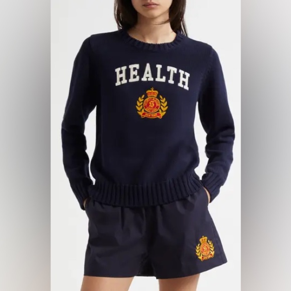 Sporty and Rich brand Medium NWT Navy Blue Cotton Crewneck Health Crest Sweater - Picture 12 of 16